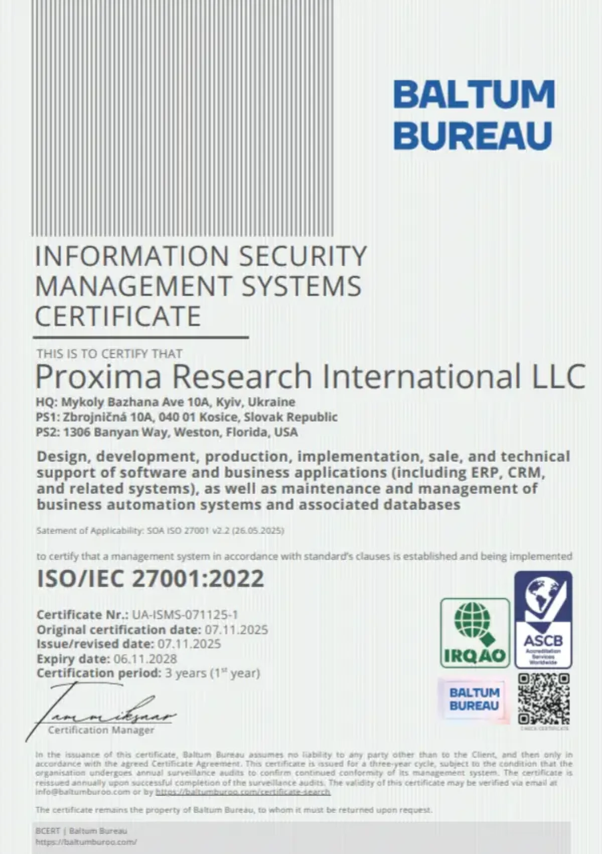 ISO/IEC 27701:2019 Proxima Cloud CRM